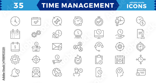 Time management. Linear icon collection. Editable stroke.time management icon set line design blue. Time, manager, icon, development, business vector illustrations.