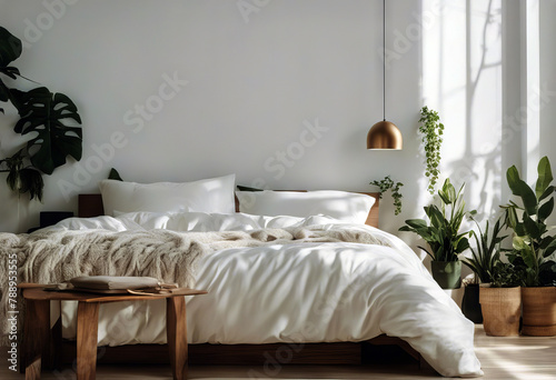 white empty bed Contemporary plants pillows wall boho bedrroom design Modern interior bedchamber space bedding copy trendy size king pink home furniture photo