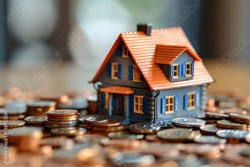 A small house is placed on top of a pile of coins. The background is a blurred garden with sunlight shining through, Finance, investment and saving concept photo