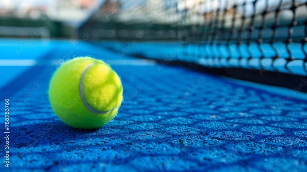 Tennis ball on a blue court 
