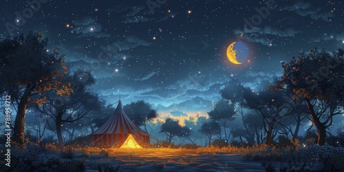 Renewable energy transforms circus tents into eco-friendly entertainment hubs with flat design illustrations.
