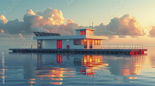 Solar panels on ferry docks generate clean energy for marine operations in a sleek flat design illustration style.