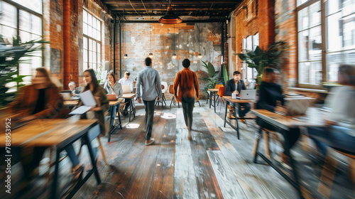 Group of multi ethnic corporate employees working in co-working open space walking in motion, sit at shared desks. Busy workday, office rush concept. Horizontal photo banner for website header design photo