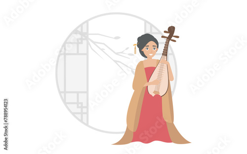 Vector illustration of classical Chinese ancient beauty playing music with a traditional musical instrument Pipa in her hands