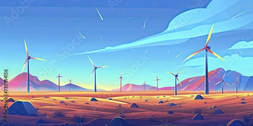 Wind turbines at archaeological dig sites, providing power in remote historical research locations, flat design illustration style.