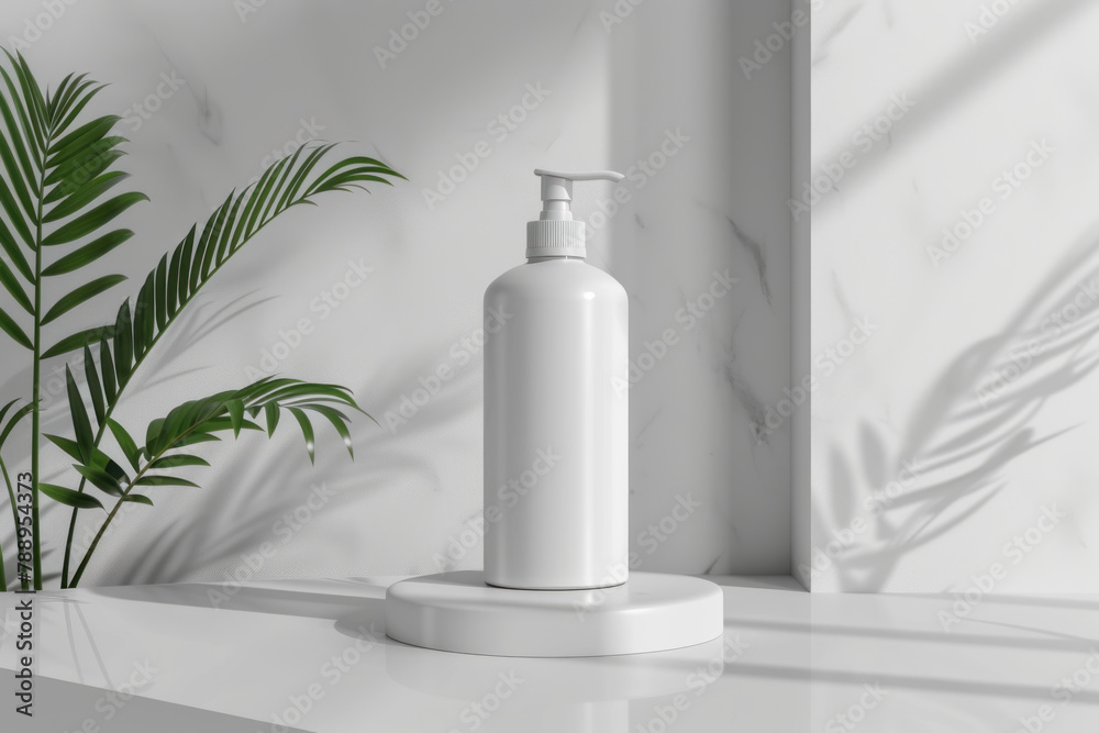white bottle with a pump head on the counter, presented as a mockup template for product presentation in the style of a minimalistic bathroom interior background white bottle with a pump head on the counter, presented as a mockup template for product presentation in the style of a minimalistic bathroom interior background