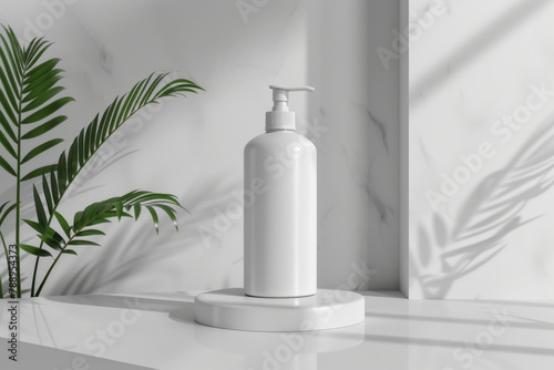 white bottle with a pump head on the counter, presented as a mockup template for product presentation in the style of a minimalistic bathroom interior background