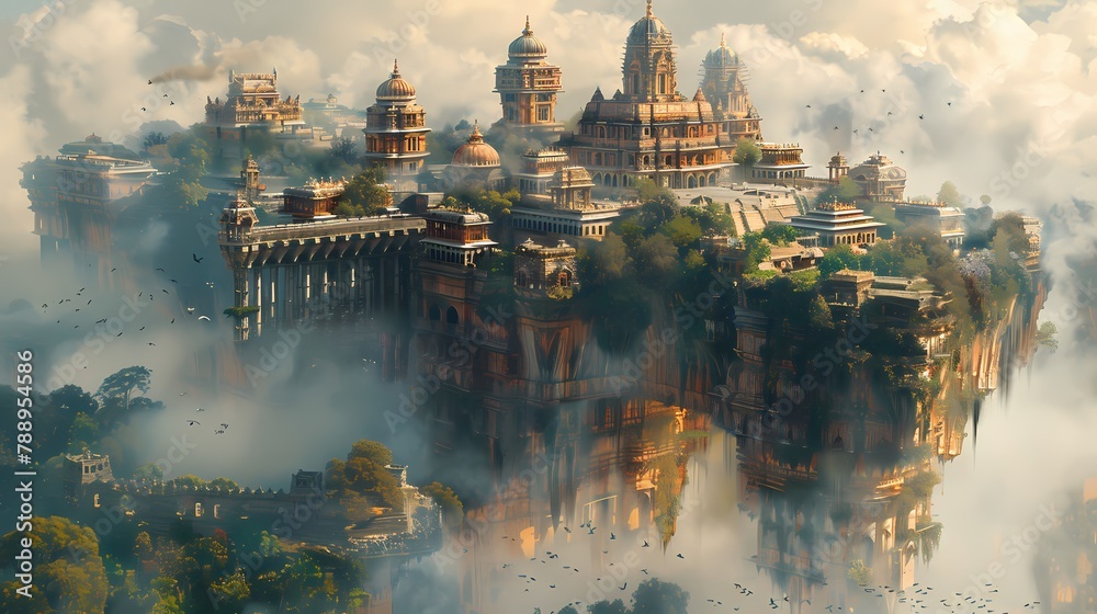 Fototapeta premium Suspended mountain temple scene poster background