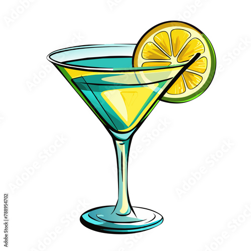 Green alcohol cocktail with green lime isolated on white, vector illustration
