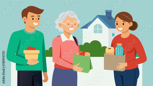 A pair of young neighbors running errands for an elderly resident picking up groceries and medications while also providing companionship.