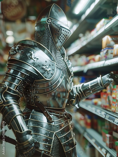 Knight in armor on grocery quest, battling price tags, 2D flat, threequarter view, whimsical adventure photo