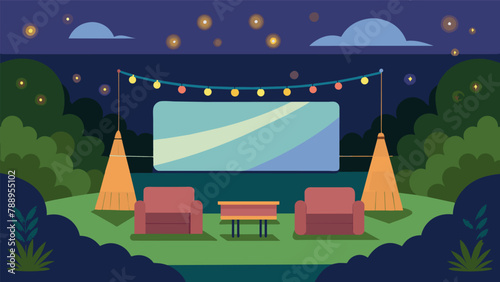A large inflatable screen set up in the park surrounded by string lights and comfortable seating for the ultimate movie night atmosphere.