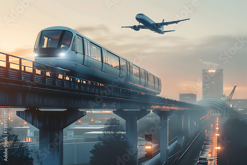 View railway track and suburban electric train rushing to the departure area airfield. Passenger plane flying in sky, landing at airport. Concept of modern infrastructure transport travel.