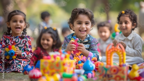 Joyful Children Celebrating Eid with Colorful Toys and Gifts in a Lively Park Setting