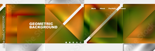 A collection of geometric backgrounds featuring triangles and lines resembling a pattern. The shapes are arranged on rectangles with a backdrop of grass and terrestrial plants