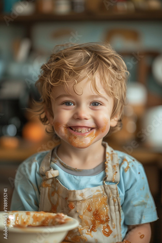 a happy child with jam marks on his mouth. A child eats jam in the kitchen