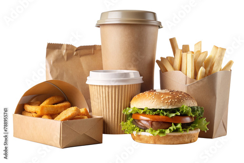 Collection and delivery food background with fast food items. Fast food concept with burgers, fries, and drinks.