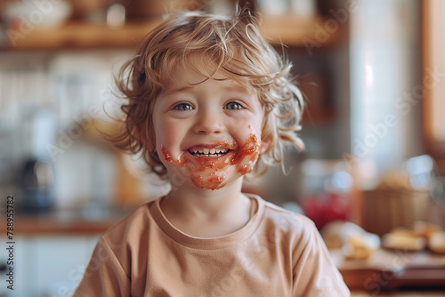 a happy child with jam marks on his mouth. A child eats jam in the kitchen