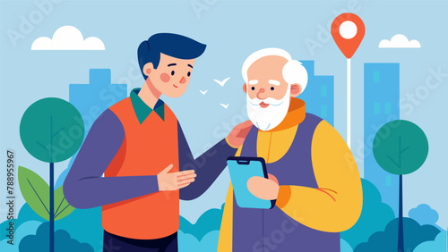 A volunteer tech expert works oneonone with an elderly man showing him how to use a GPS app on his smartphone to easily navigate new places and
