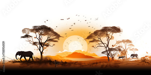 African sunset with animals and birds silhouette in the background
