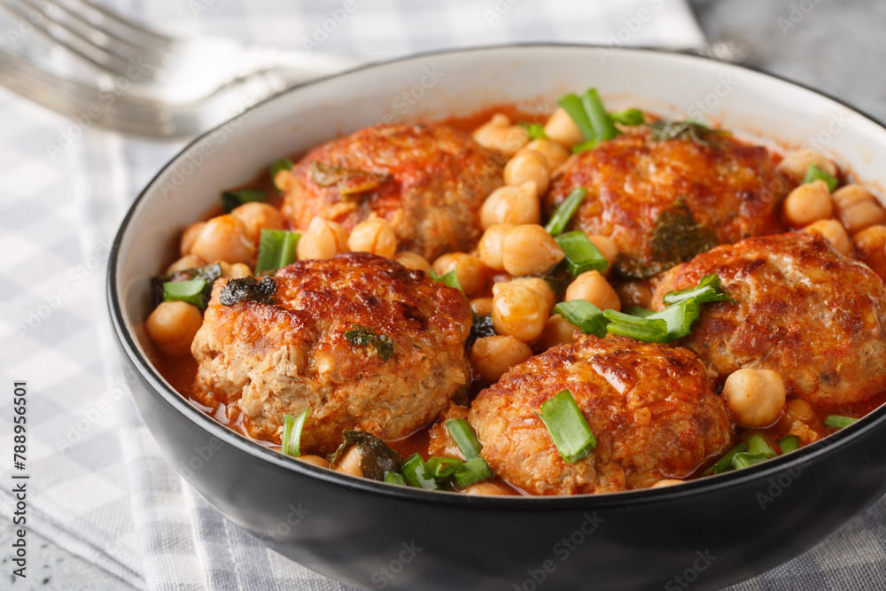 Meatballs with chickpeas, tomato, mint and green onions close-up in a bowl on the table. Horizontal