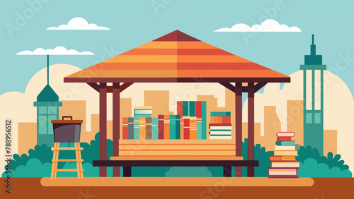 A wooden gazebo with shelves of books lining the walls and a cozy bench for readers to take a break and enjoy a peaceful moment in the midst of