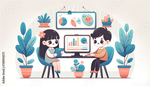Two children sitting at a table with a computer monitor in front of them. One of the children is holding a tablet. The room is decorated with plants and has a blue and white color scheme