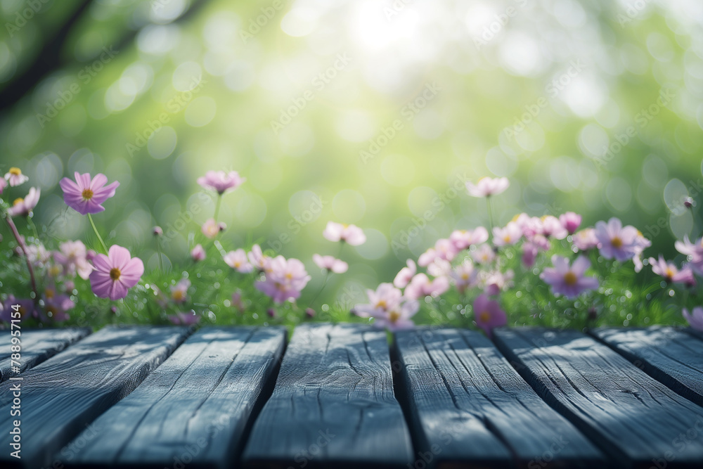 Empty wooden table on easter spring background.