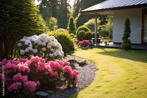 Beautiful spring garden with flowers and lawn grass on a backdrop of residential house