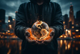 Hand holding crystal globe cityscape at twilight. The concept of global business, international relations