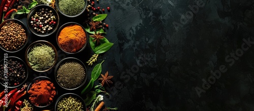 A diverse selection of spices and herbs set against a black tabletop  with space available for text or labels.