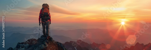  Man with backpack hiking in mountains top and looks at the sunset background ,A hiker travels through breathtaking outdoor landscapes, capturing the essence of exploration and freedom     

  photo