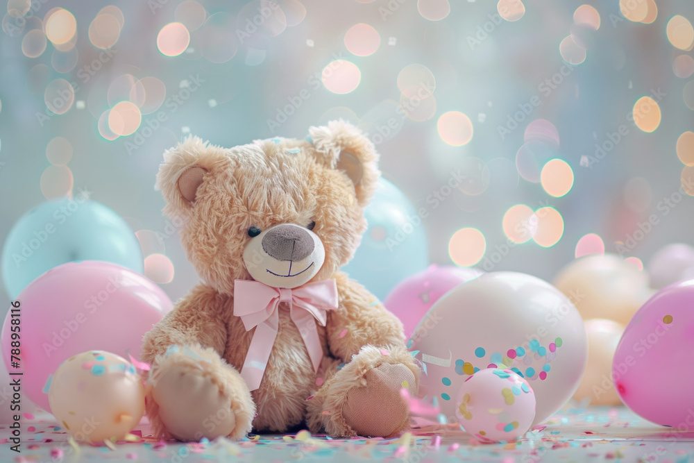cute teddy bear with pink bow sitting on the floor, pastel colored balloons and confetti around cute teddy bear with pink bow sitting on the floor, pastel colored balloons and confetti around