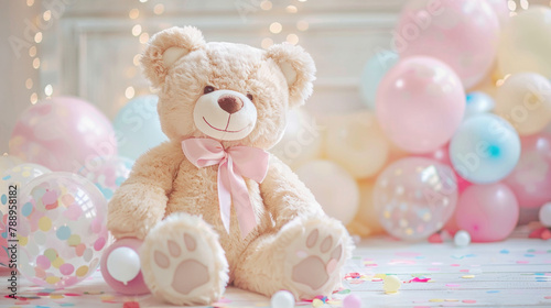 cute teddy bear with pink bow sitting on the floor, pastel colored balloons and confetti around