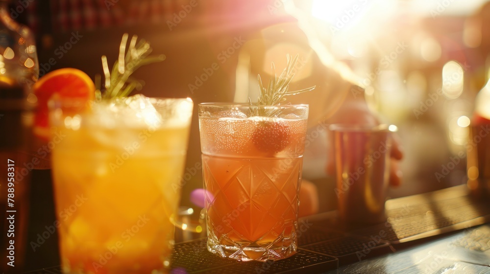 Checking a bartender making drinks for guests using a shaker for customers in a nightclub.