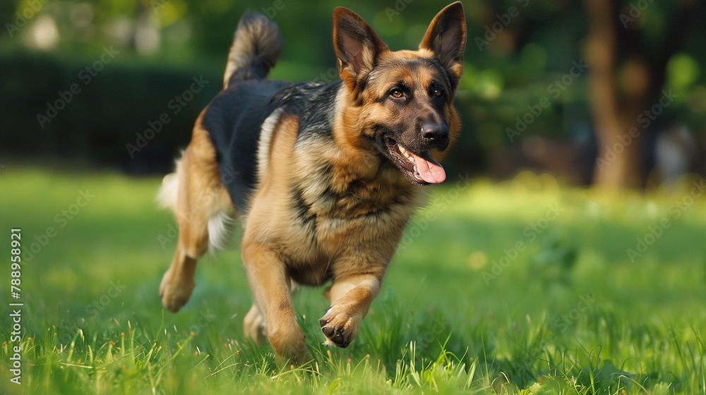 German Shepherd , running, outdoor, grass, park, dog, pet, blur background, sunset, yellow, green, black, brown