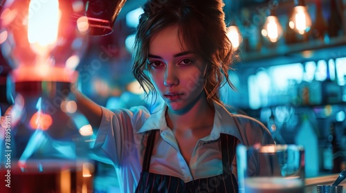 Cute young waitress with a cocktail by pouring the check into a pitcher from a bot.