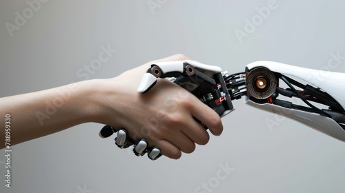 A robotic hand and a human hand coming together in a handshake, representing mutual understanding and cooperation in the age of automation. 