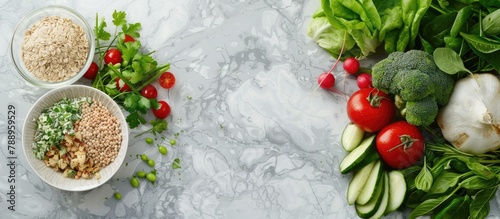 Fresh greens, vegetables, and grains on a light grey marble kitchen counter with a white ceramic plate in the middle. Viewed from above with space for text. Concept of healthy eating, veganism, detox, © Lasvu