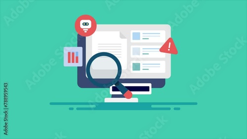 Software tool scanning content, detecting automated text created by ai technology, plagiarism checker video animation concept.