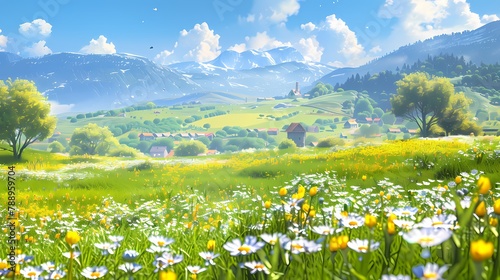 Spring countryside prairie flowers illustration poster background © jinzhen