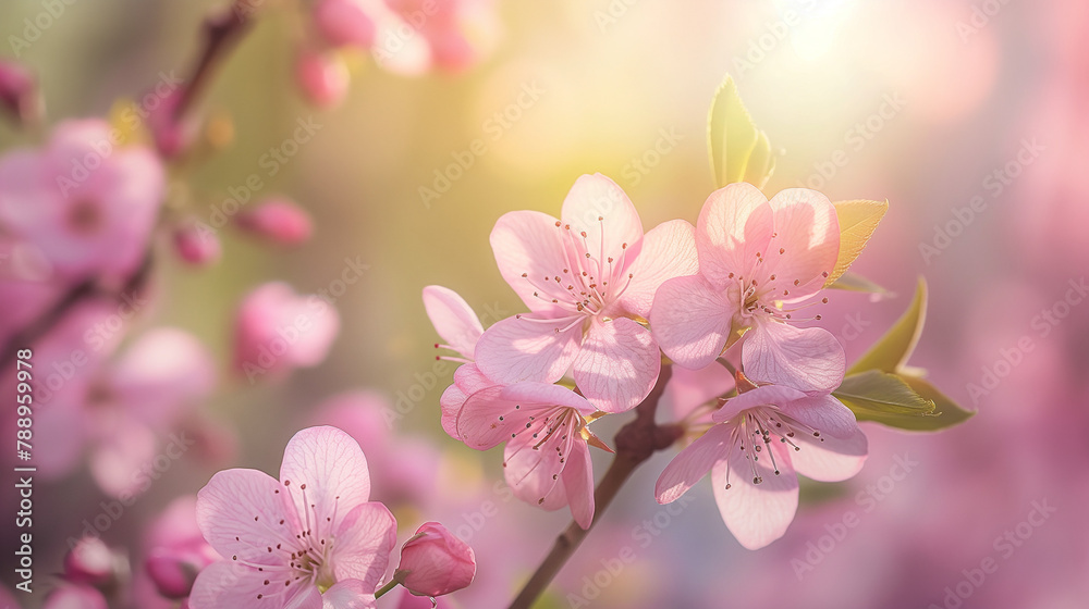 A branch of delicate pink cherry blossoms with a blurred background.

