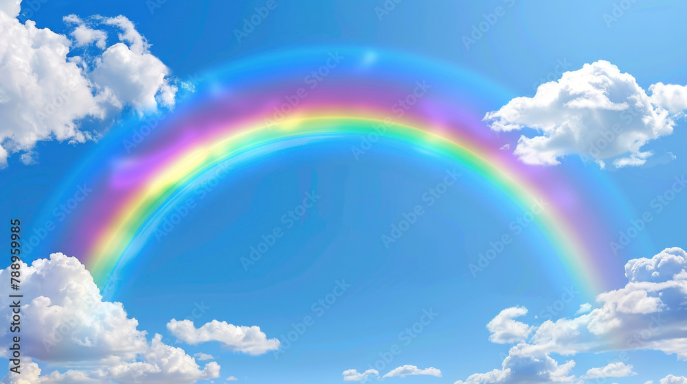 beautiful rainbow in the blue sky with white clouds. the concept of hope, love and joy. a panoramic view of nature in the background
