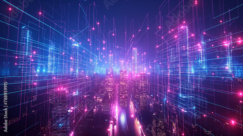 A digital image of a futuristic city with skyscrapers and glowing red and blue lights.