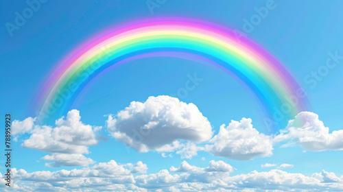 beautiful rainbow in the blue sky with white clouds. the concept of hope, love and joy. a panoramic view of nature in the background