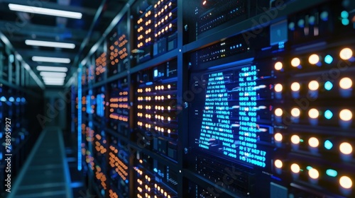 A futuristic server room with racks of CPU computers featuring illuminated 3D "AI" text logos, demonstrating advanced AI infrastructure. © kimly