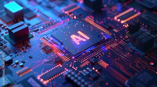 Close-up of a CPU computer screen showing a 3D "AI" text animation, indicating the processing power dedicated to artificial intelligence tasks. 