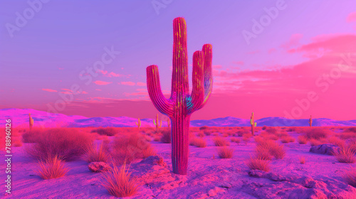 A tall, pink cactus stands in a desert landscape with a purple sky.

 photo