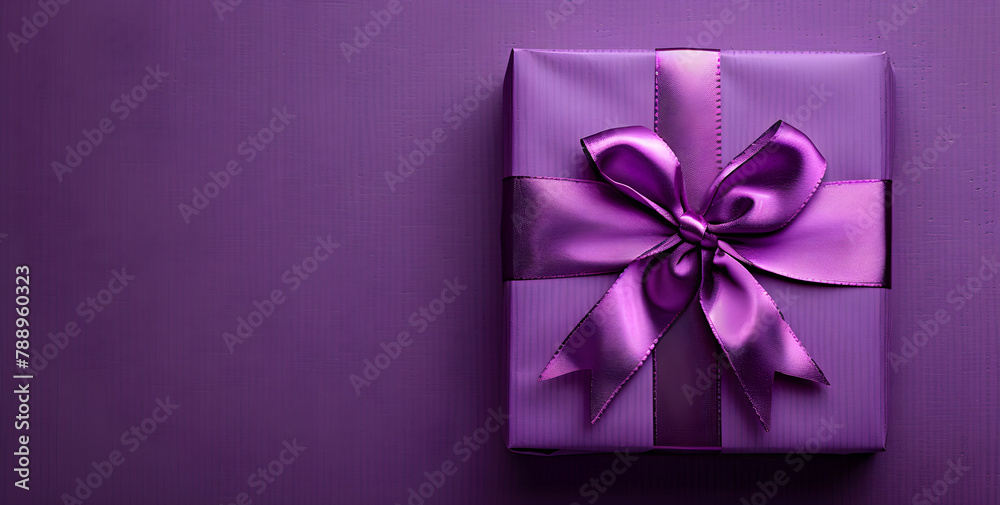 Banner with purple gift box and ribbon on purple background, suitable for special occasions such as birthdays, Christmas, and Mother's Day. Banner with purple gift box and ribbon on purple background, suitable for special occasions such as birthdays, Christmas, and Mother's Day.