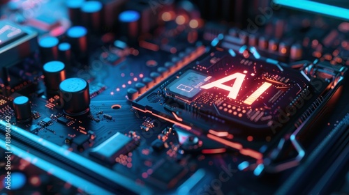 Close-up of a CPU computer case with a futuristic design, featuring a glowing 3D "AI" text embedded on the surface. 